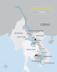 Mekong River Map with Country and City Location - obrazy, fototapety, plakaty
