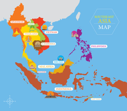 Southeast Asia Map with Country Icons and Location