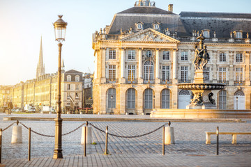 View on the famous La Bourse square with fountain during the morning in Bordeaux city, France - obrazy, fototapety, plakaty