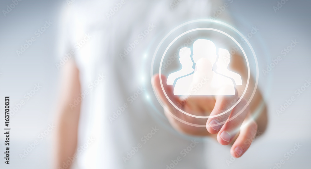 Poster businessman using blue social network 3d rendering
