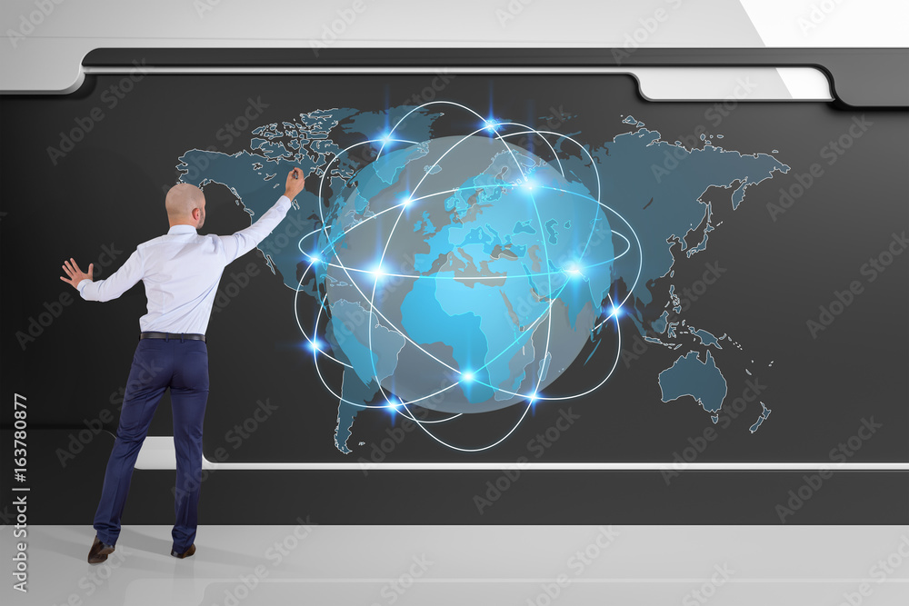 Poster businessman using digital planet earth interface on a board 3d rendering