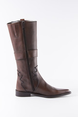Female Brown Boot on White Background, Isolated Product, Top View, Studio.