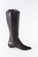 Female Brown Boot on White Background, Isolated Product, Top View, Studio.