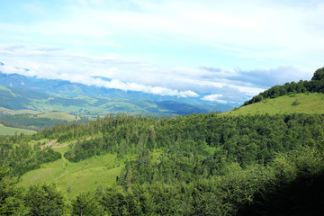 View from the Hemba mountain over Carpathian villages and peaks