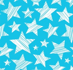White stars, blue background, seamless, vector. White stars painted diagonal stroke. Vector picture. 