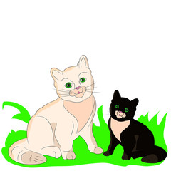 Two kittens cheerful, cartoon on a white background.