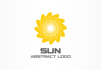 Abstract logo for business company. Corporate identity design element. Summer travel, eco, rotation sun, hot energy, yellow sunlight logotype idea. Environment, nature concept. Colorful Vector icon