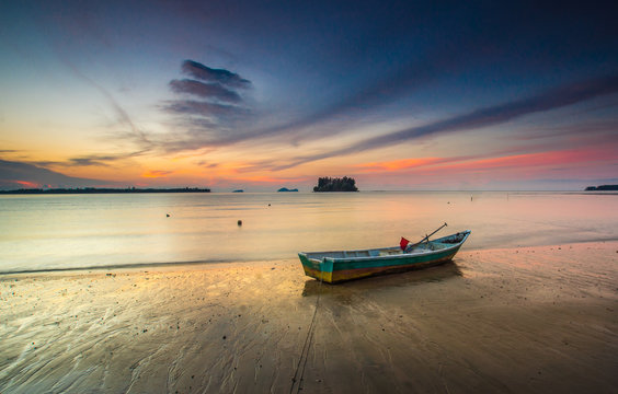 wonderful sunset with fishing boat at pandak village,kuching sarawak on 4 may 2017