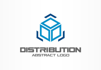 Abstract logo for business company. Corporate identity design element. Technology, Logistic, Distribution logotype idea. Cargo box and arrows around, delivery, export, integrate concept. Vector icon