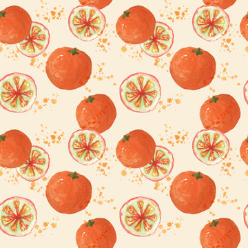 Seamless pattern with fresh oranges watercolor painting.