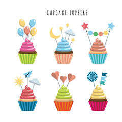 Vector set of cupcakes in flat style embellished with toppers color illustrations. Sweet treats for children.