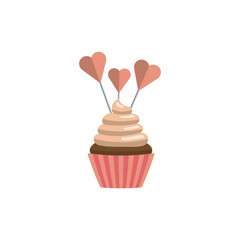 Cupcake in flat style decorated with toppers isolated on white background. Cakes for a festive sweet table.
