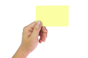 Hand holding yellow space notes on isolate white background.