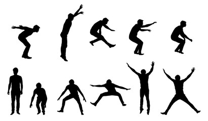 Set of vector silhouettes of young man in motion and jumping, isolated on white background