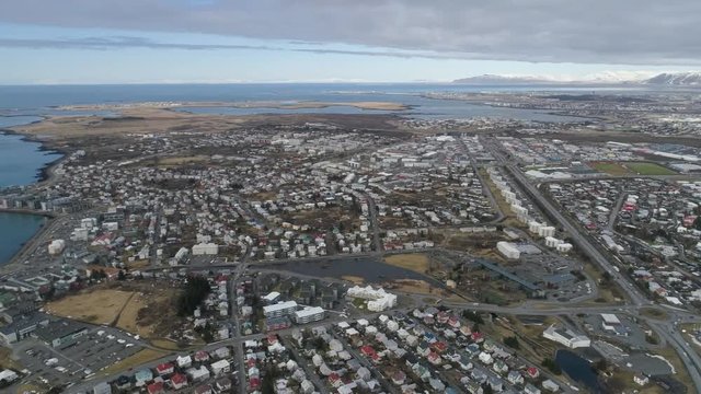 Aerial of Hafnarfjordur town in the lava