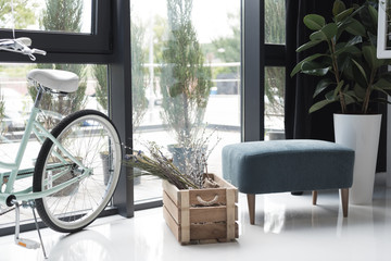 interior of empty creative office with bicycle and dry flowers in wooden box