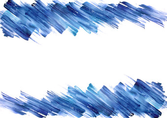 Watercolor frame with blue stains, strokes. abstraction. Blue paint, colors, paint splash. Used for a variety of design and decoration. Strokes of paint, zigzag, lines, splash. 