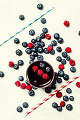 Berry juice with blueberry and raspberry, top view