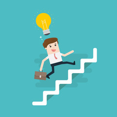 Businessman with suitcase climbing the stairs of success. Flat style