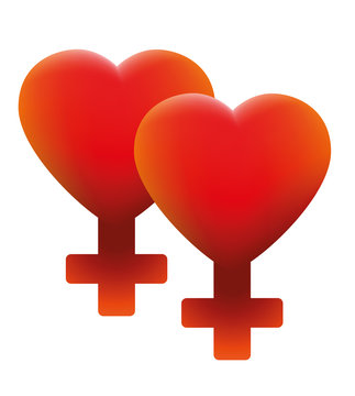 Hot lesbian love symbol - two hearts with fire red female icons - isolated vector illustration on white background.
