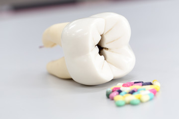 Tooth model and medicine, pharmaceutics and health care  for education in laboratory.	