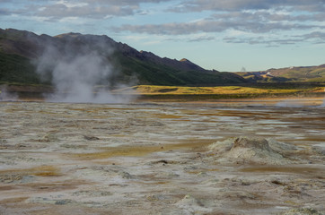 Hverarond geothermal field in Iceland. This is a field in Krafla caldera area near Mvatmn Lake which is full of mudpots, steam vents, sulphur deposits, boiling springs and fumaroles.