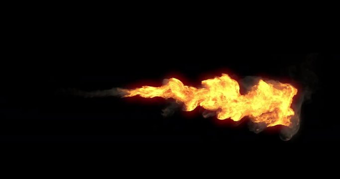 Animated realistic stream of fire like flamethrower shooting or fire-breathing dragon's flames. High quality clip with alpha matte in 4k resolution.