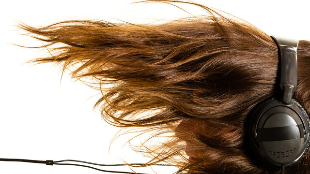 Man Listening To Music On Headphones, Windblown Hair