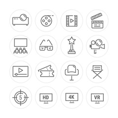 Simple Set of Cinema Related Vector Line Icons. Contains such Icons as Movie Theater, TV, Popcorn, Video Clip and more.