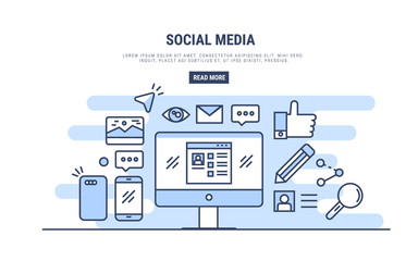 Set of Flat Line Color Banners Design Concepts for Social Media and Social Marketing. Concepts web banner and printed materials. Vector Illustration