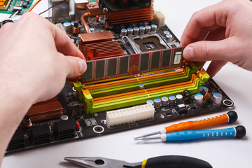 Technician upgrade of computer close up