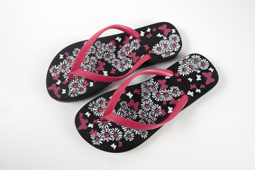 Black Slipper on White Background, Isolated Product, Top View, Studio.