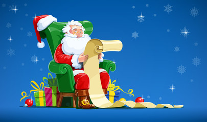 Santa claus sit in armchair and read letter. Christmas character