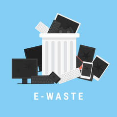 e-waste recycle bin filled with old computer equipment and old phone
