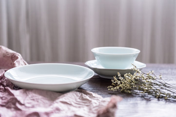 On the desktop of ceramic tableware