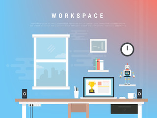 Workplace in flat style with elements Monitor