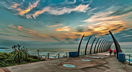 Digital painting of the Umhlanga Rocks pier near Durban, at sunrise.