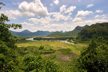Fototapeta na wymiar High angle view to a plain and a river in the National Park of Phong Nha Ke Bang, Vietnam.