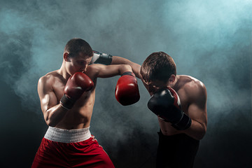 Naklejka na ściany i meble Two professional boxer boxing on black smoky background,