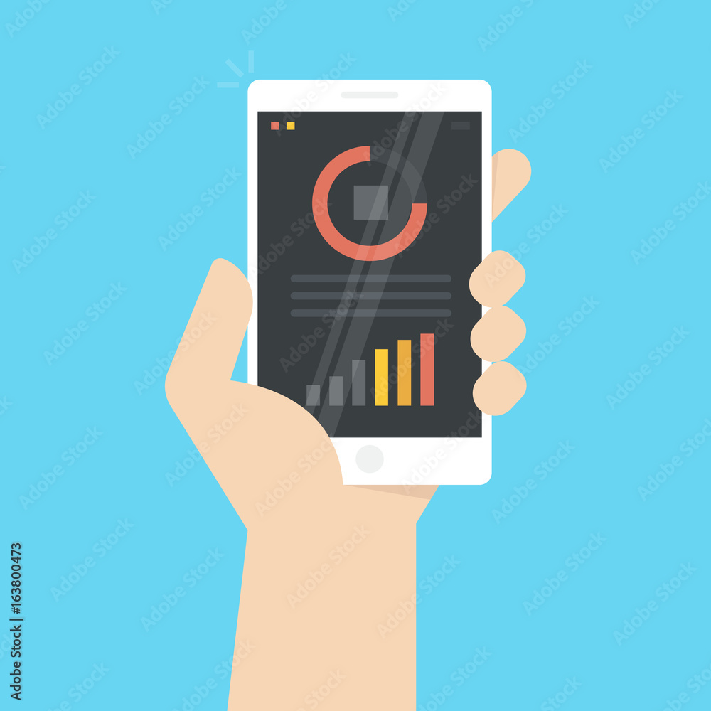 Poster analytics data on mobile phone screen illustration, flat cartoon style statistics information resear