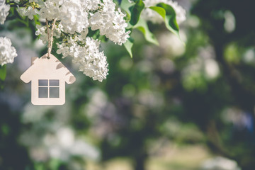 The symbol of the house among the flowers of the apple tree 