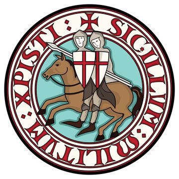 Sign Of The Knight Templars. Two knight Crusader on horseback with spears, in a circle from the text of the slogan of the knights Templar