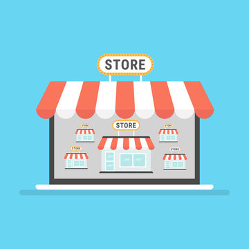 Marketplace online vector illustration, flat style internet multivendor store on laptop computer with multi vendor stores