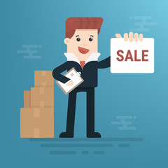 Businessmen holds a sign with text Sale