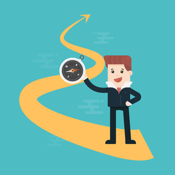 Businessman with compass on arrow direction success
