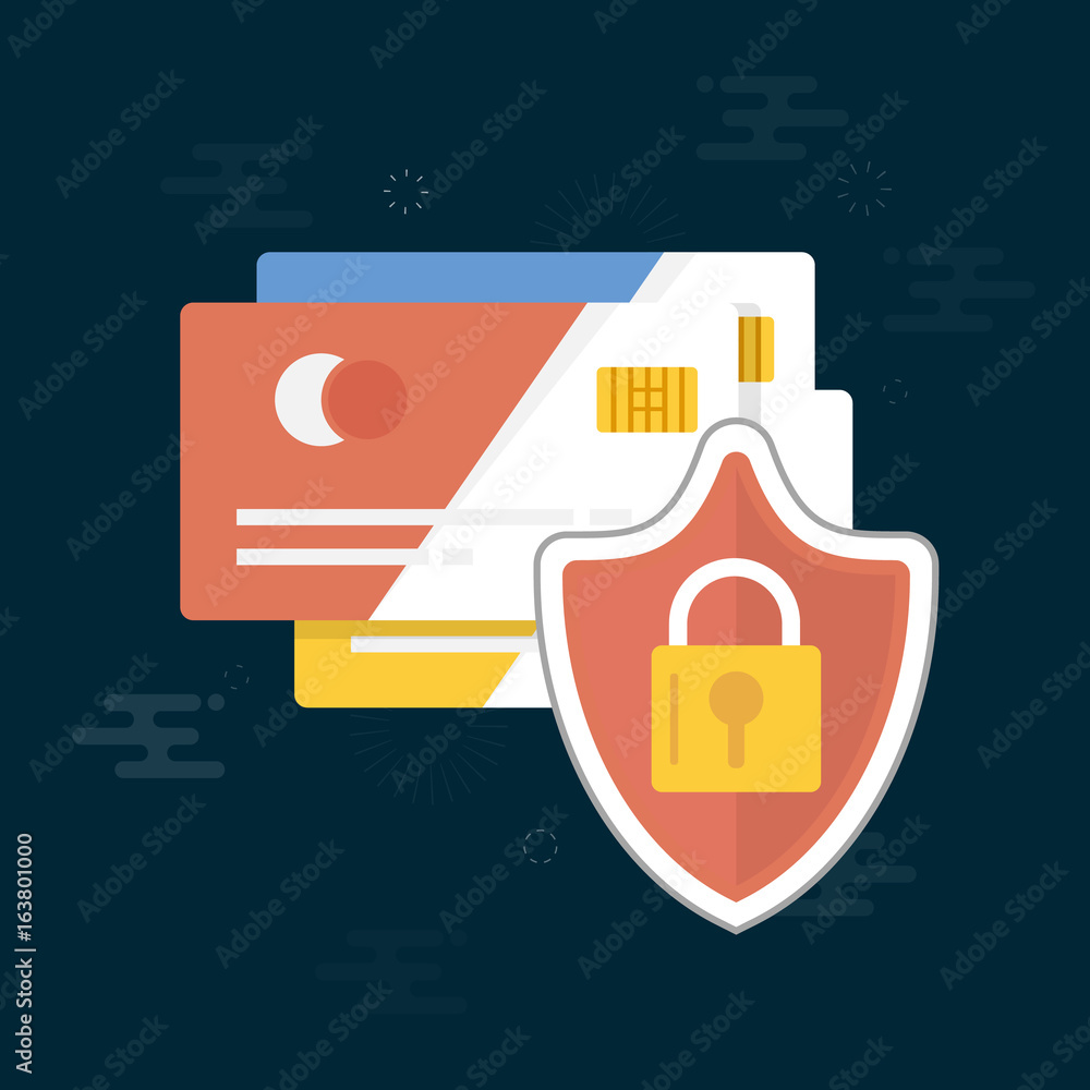 Poster secure credit card transaction. secure payment, payment protection concepts. credit card and shield 