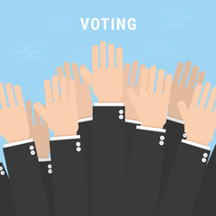 Election voting vector background. Vote concept illustration. Hands raised up, flat style.
