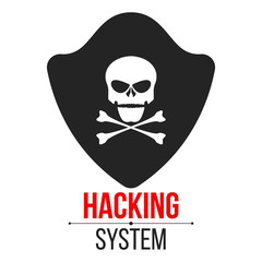 Skull icon with shield on white background. The hacker hacked the system. Cyber crime and piracy. Web programming. Icon in a flat style