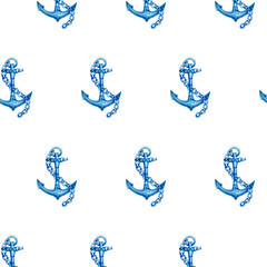 Vintage seamless pattern with old  nautical anchor, isolated on white background.  Watercolor hand drawn painting illustration.