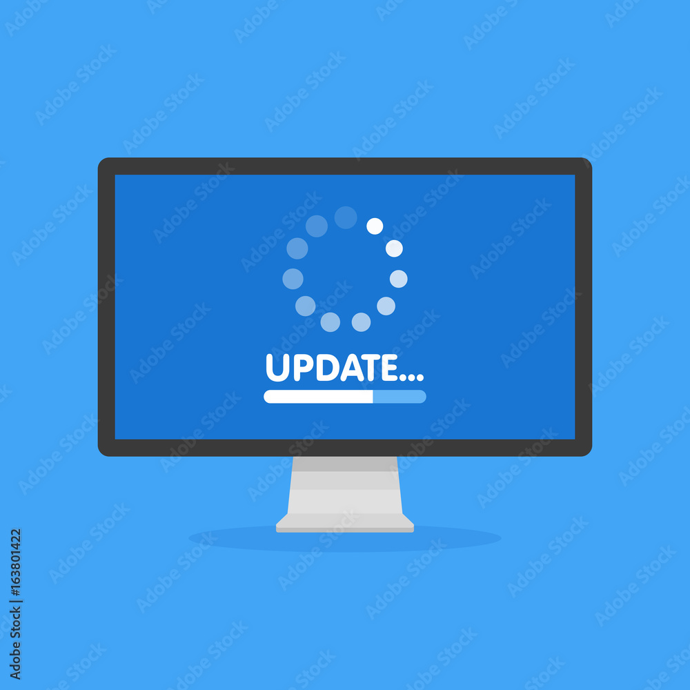 Poster system software update and upgrade concept. loading process in monitor screen. vector illustration